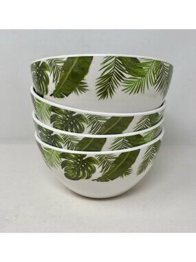 Fitz & Floyd Tropical Fun Set Of 4 Melamine Bowls Green Leaves 6.5” NEW